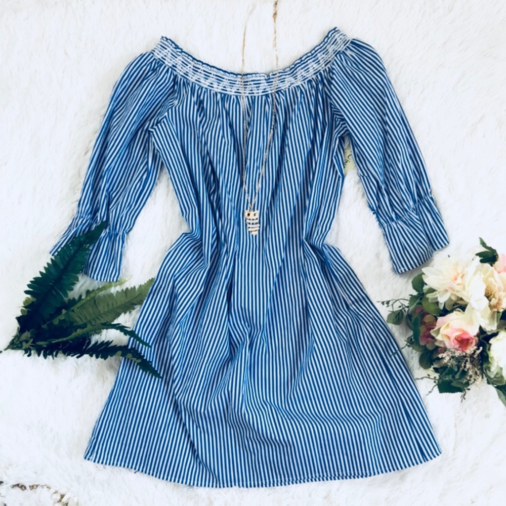 Tacera women blue &white off shoulder tunic dress